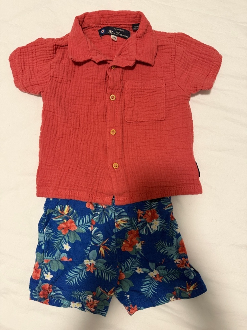 Ben Sherman Red Coral Button-Up Top with Blue Floral Shorts Set